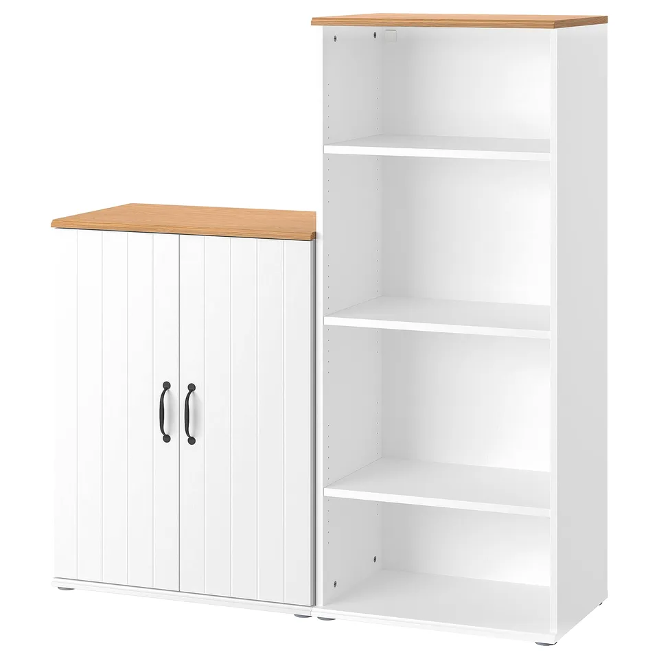 SKRUVBY: white cabinet & bookcase with oak tops & adjustable shelves
