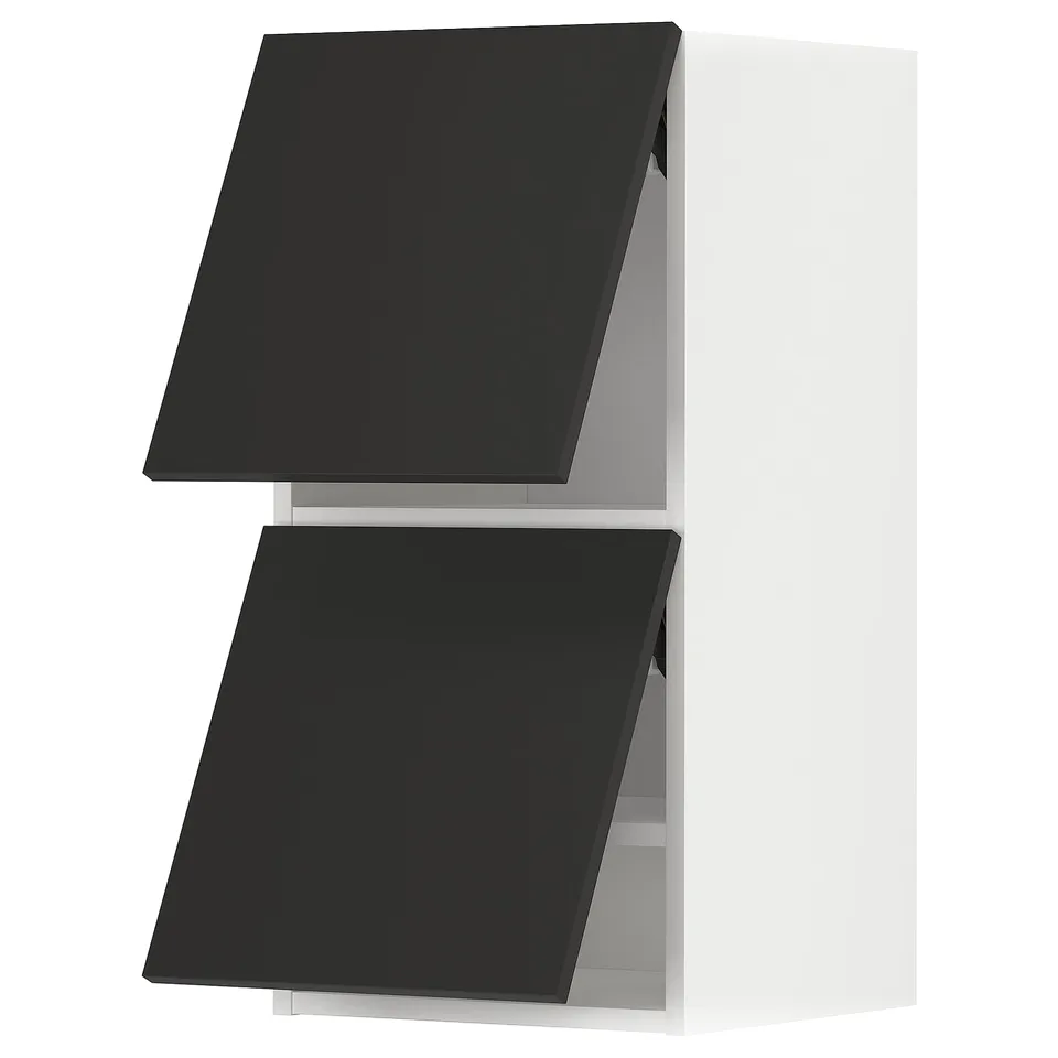 Modern black kitchen cabinet, part of the METOD system, sleek minimalist design, two door layout, glossy finish, wall-mounted.