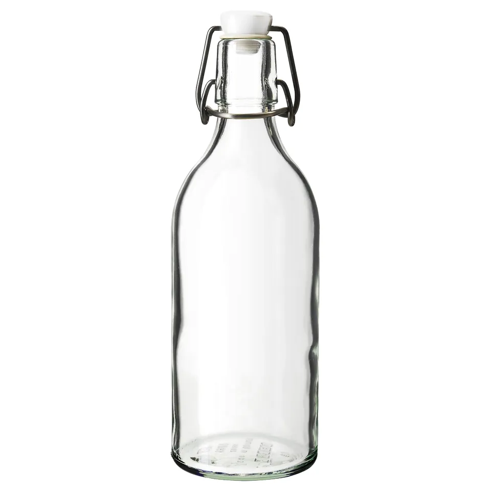 KORKEN clear glass bottle with white lid, wire closure, for storing liquids, pickles, or jams.