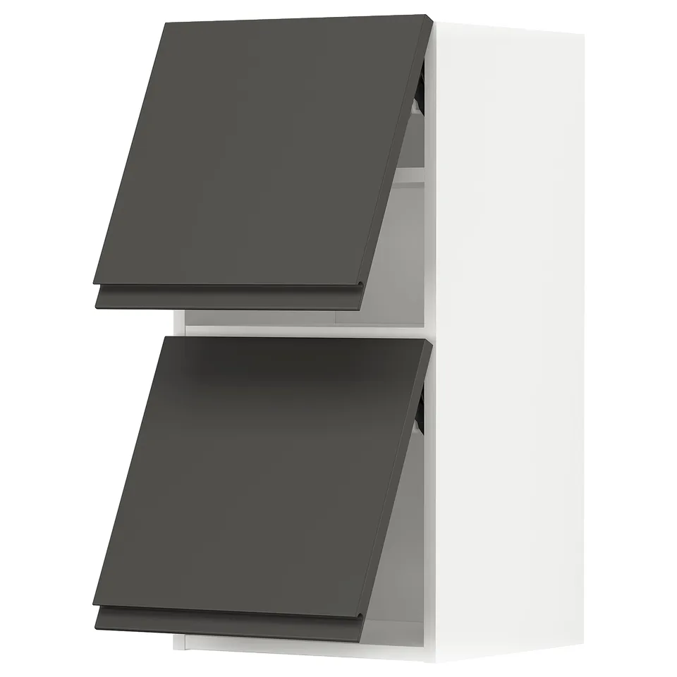 A modern dark grey kitchen cabinet set with handle-less doors in a sleek, rectangular design.