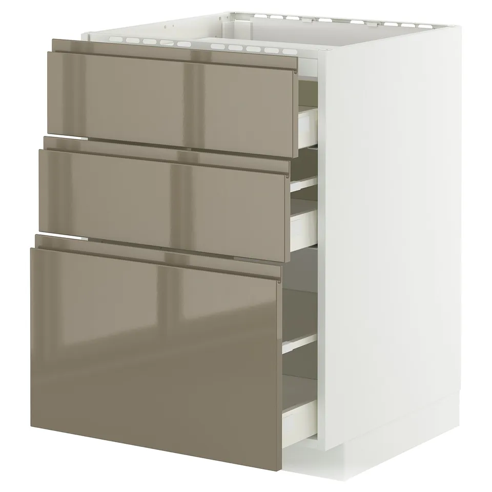 Modern kitchen drawer unit in grey-brown with three self-closing drawers. Made of particleboard and fibreboard with metal runners for smooth gliding.