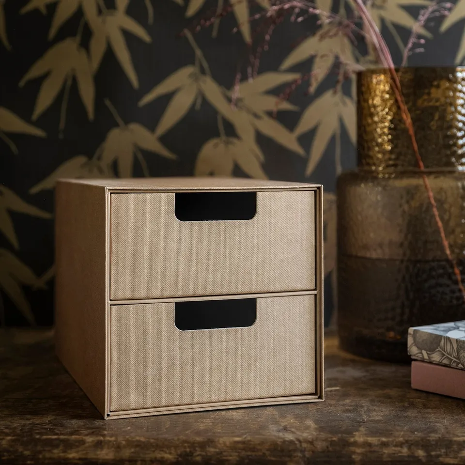 Small storage box with two drawers, ideal for organising items and keeping them from getting lost. Perfect for desks or shelves.