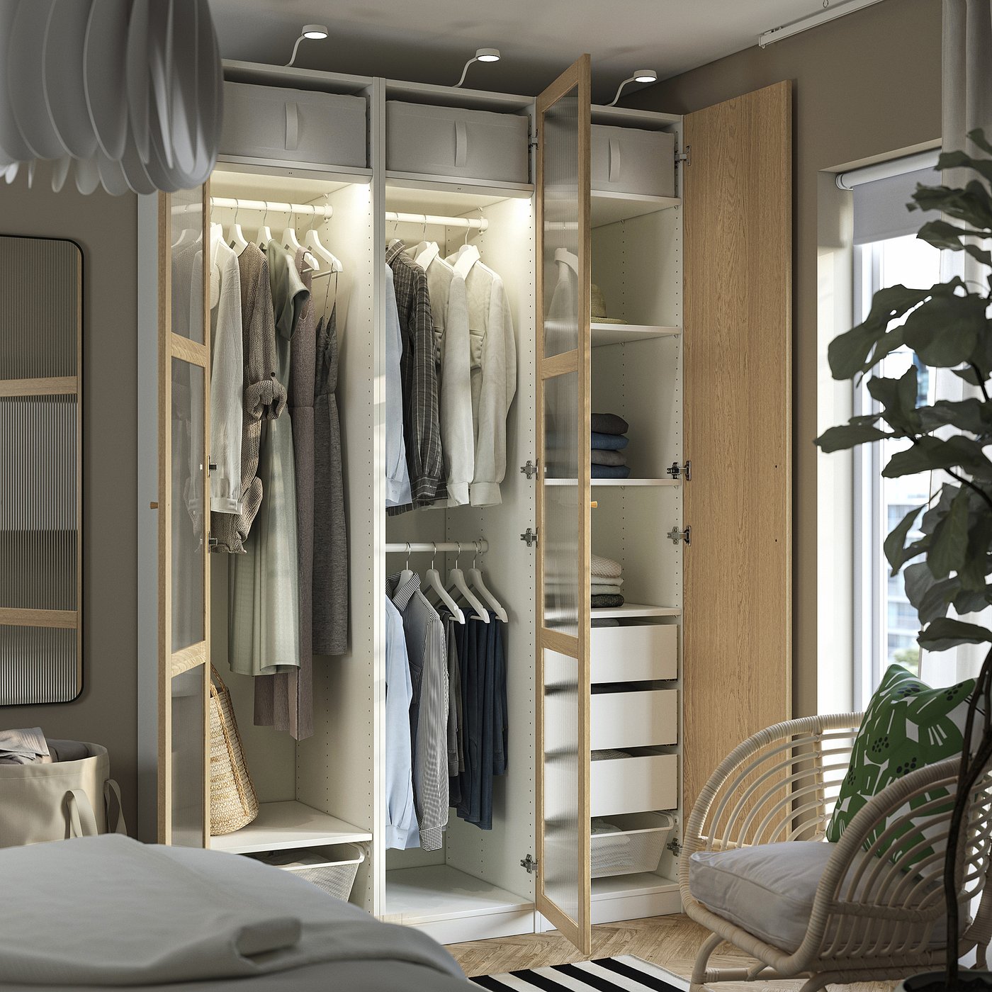 Modern open wardrobe displaying neatly organised clothes on hangers and shelves. Integrated lighting highlights the interior, providing visibility.