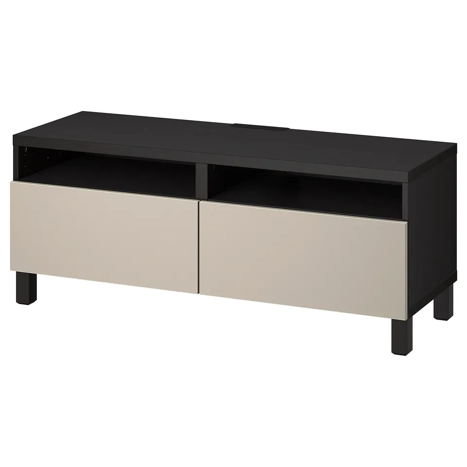 A black and beige BESTÅ tv bench with two drawers and an open shelf, made of particleboard and fiberboard.