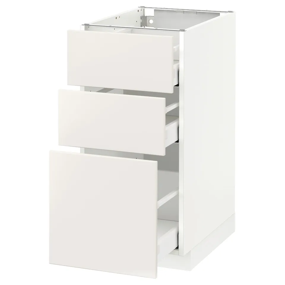 A white ikea METOD kitchen cabinet with three drawers, sleek modern design, smooth handles, and sturdy construction.
