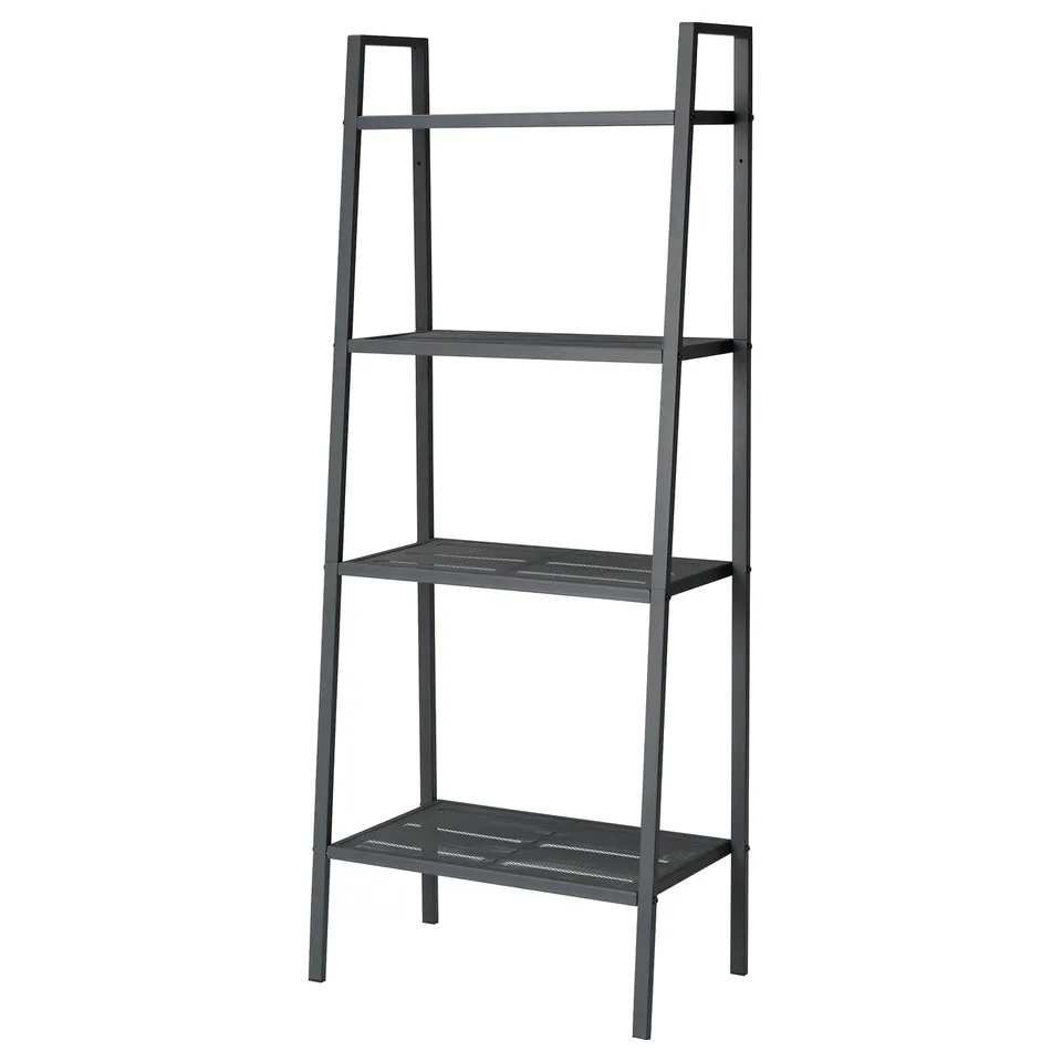 A LERBERG black metal shelving unit with three open shelves. Its sleek, minimalist design provides ample space for display and storage.