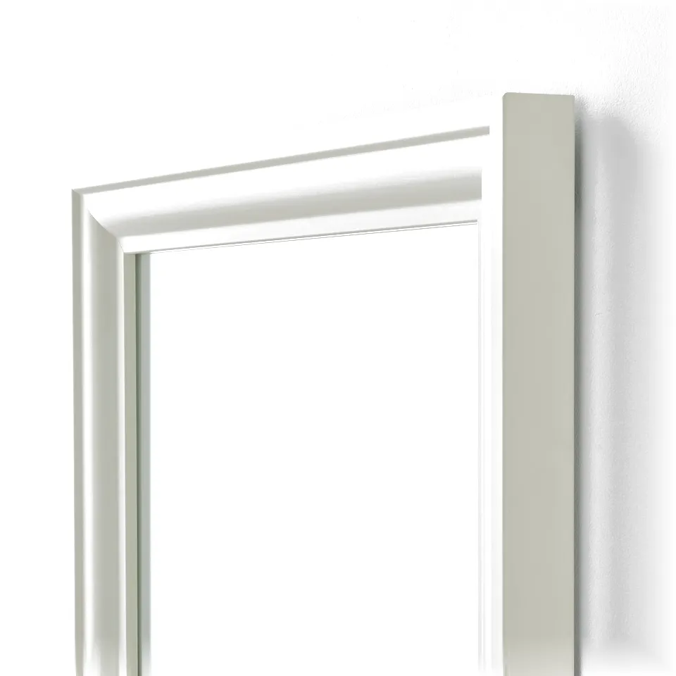 White rectangular mirror with sleek, moulded edges, reflecting a clean, minimalist style.