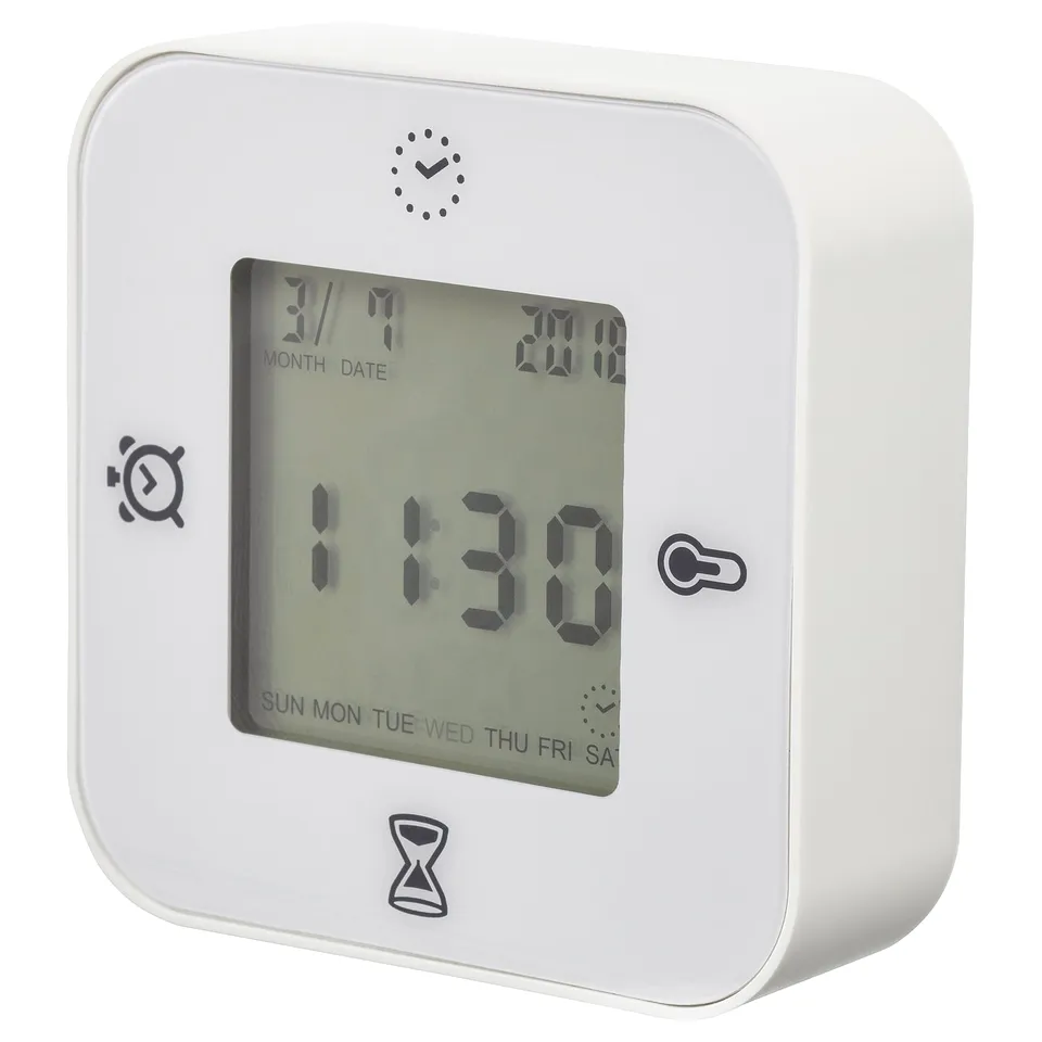 A white KLOCKIS multifunctional clock with square design and digital display for time, date, and other functions.