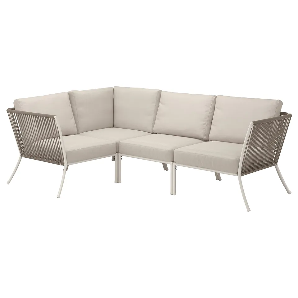 Modern outdoor sectional sofa, grey, wicker & metal, l-shape.