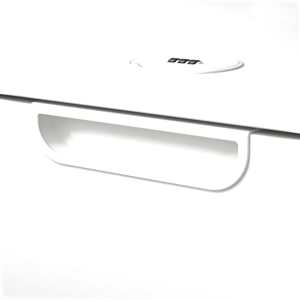 Close-up of modern, white GALANT office drawer with sleek, handle-less design and smooth close mechanism.