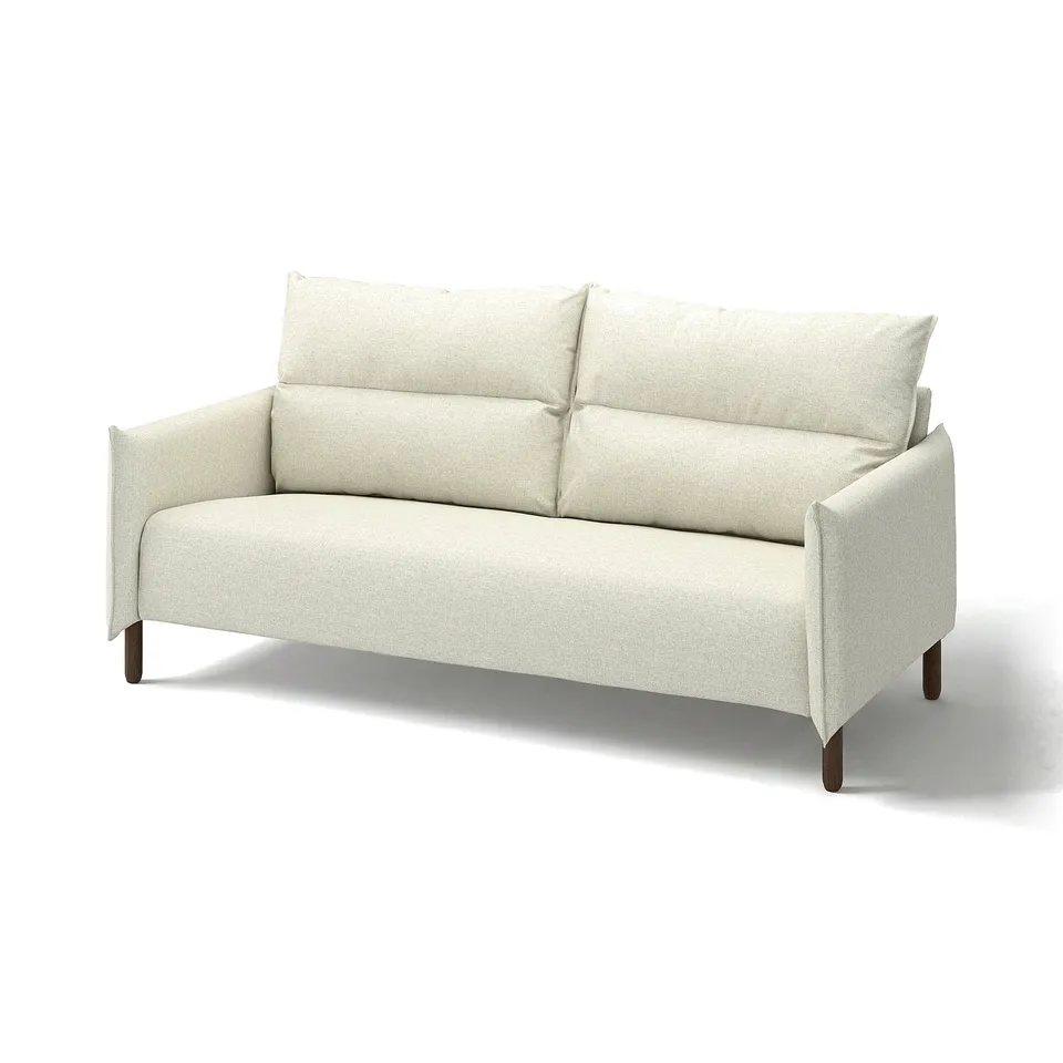 ModernMANNARP sofa, light beige, soft fabric, high back & cushions, elegant wooden legs.