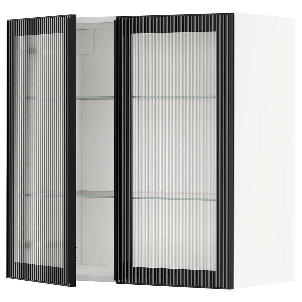 Modern black kitchen cabinet with recessed glass door and adjustable shelves.