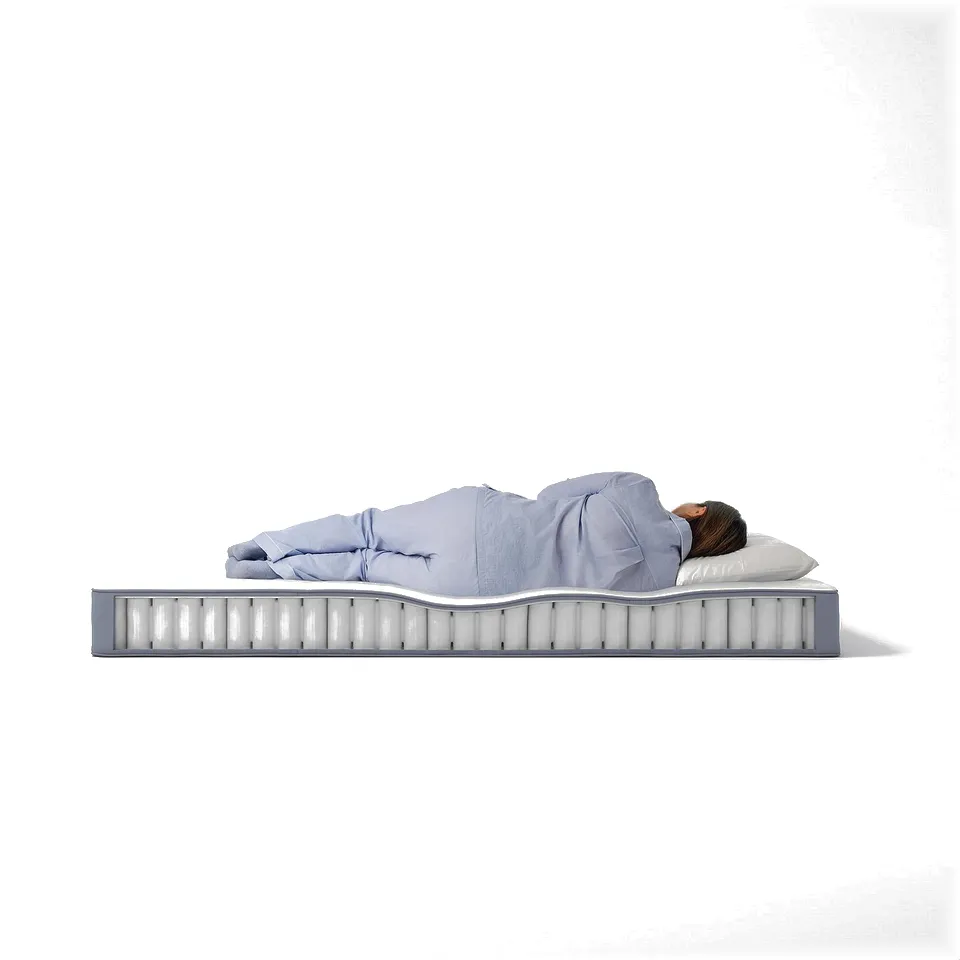 Person sleeping on light blue mattress, white pillow, firm with individual springs.
