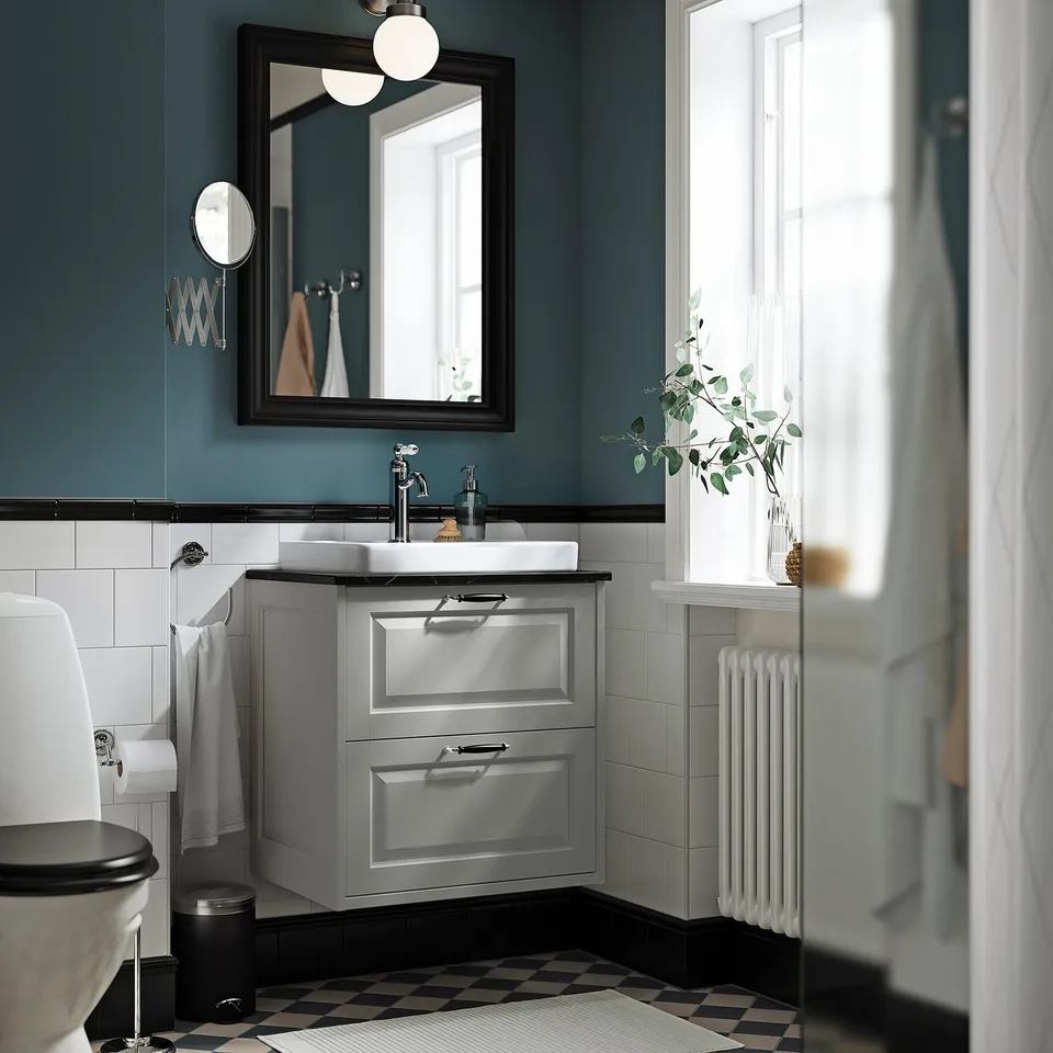 TÄNNFORSEN / ORRSJÖN Wash-stnd w drawers/wash-basin, light grey/black marble effect, 62x49x71 cm