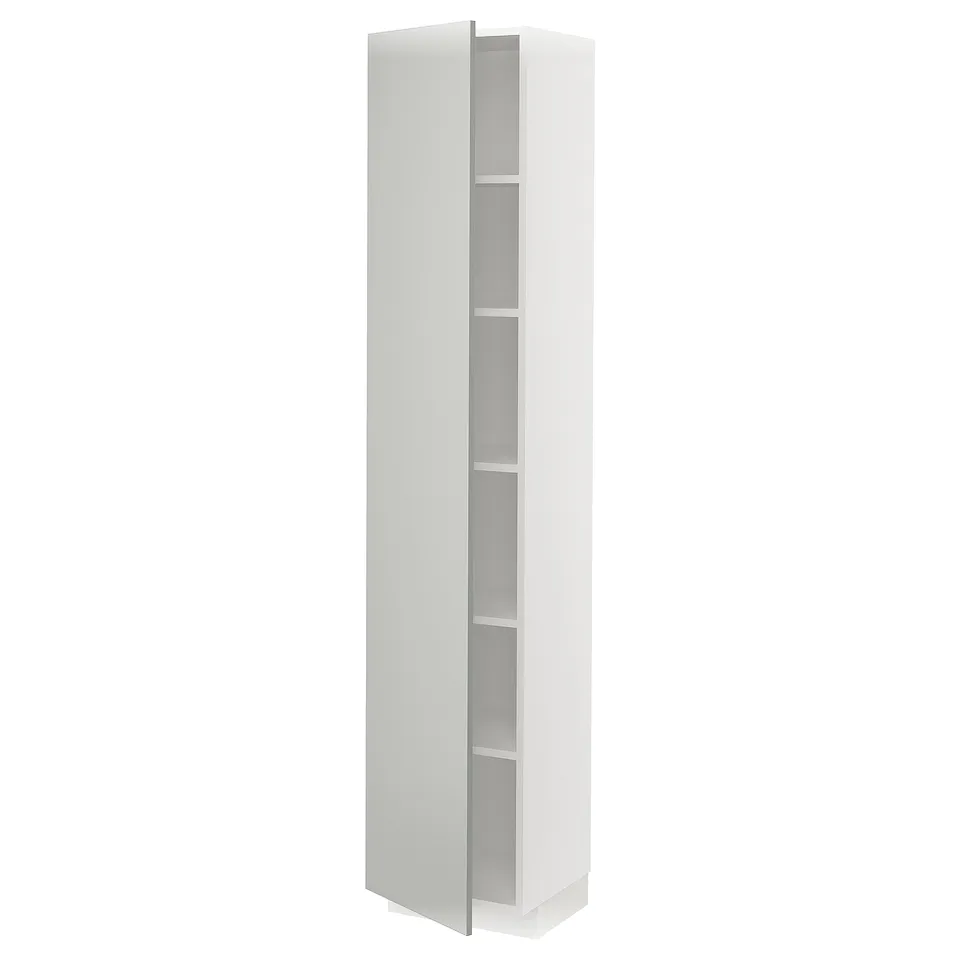 A white METOD high cabinet from IKEA, sleek and modern, with light grey interior and multiple shelves.