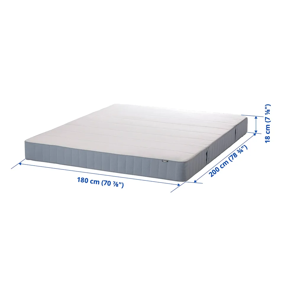 Image depicts a white VESTMARKA mattress, rectangular, spring-based, with dimensions labelled: 180 cm x 200 cm x 18 cm.