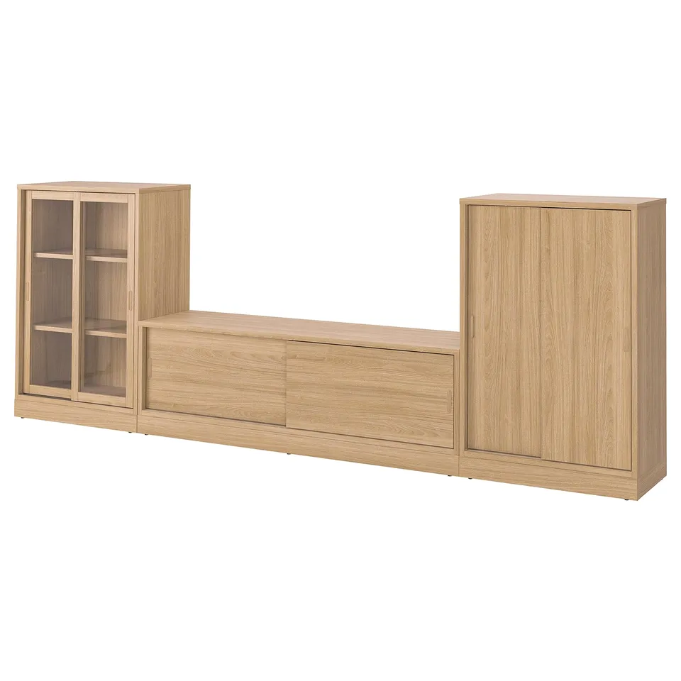 TONSTAD wooden cabinet set. Light oak finish. Sliding glass & solid doors, shelves, with modern design.