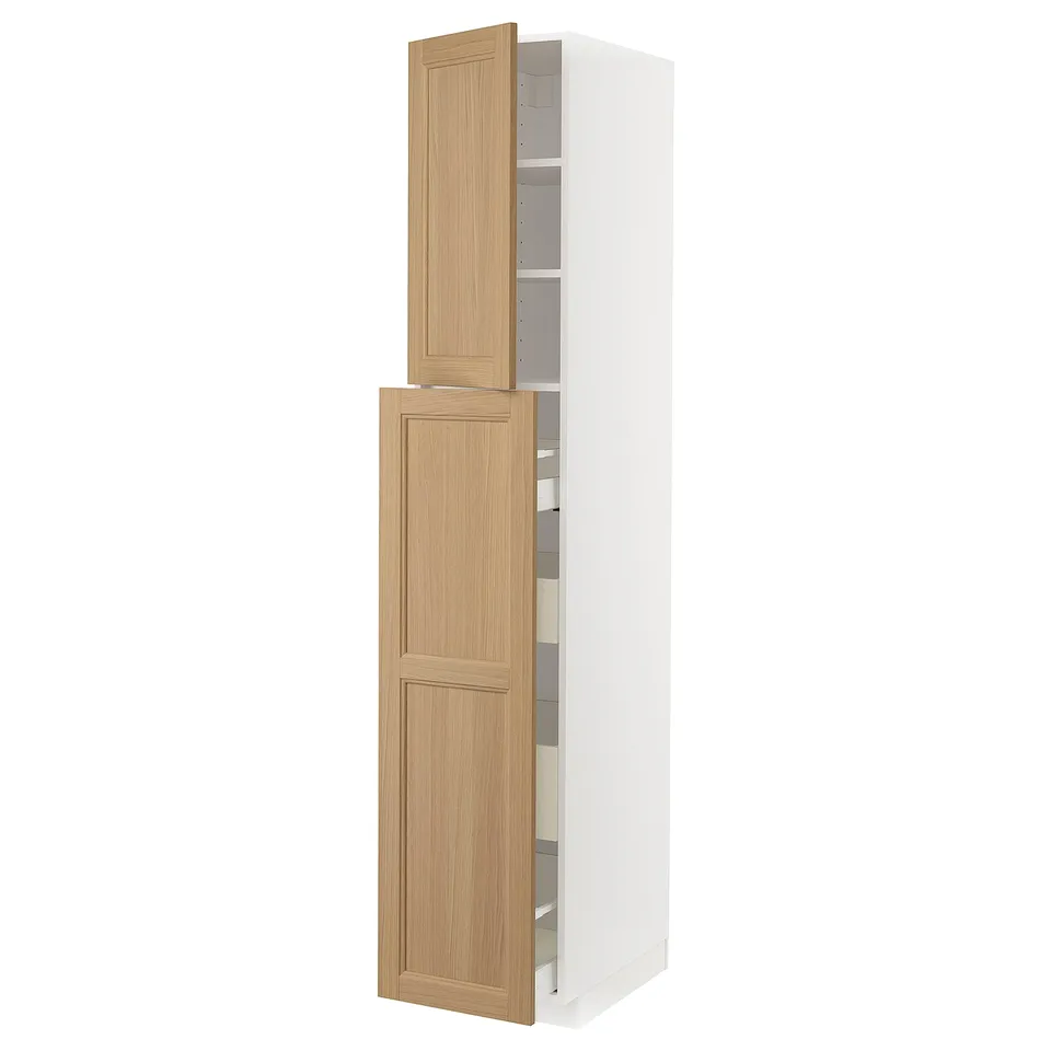 White METOD kitchen cabinet with open door exposing shelves.