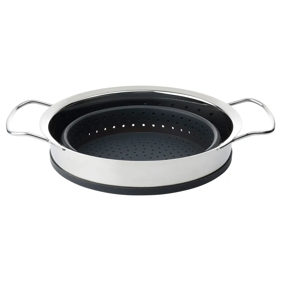 KLOCKREN kitchen strainer, black, stainless steel, round, foldable design.