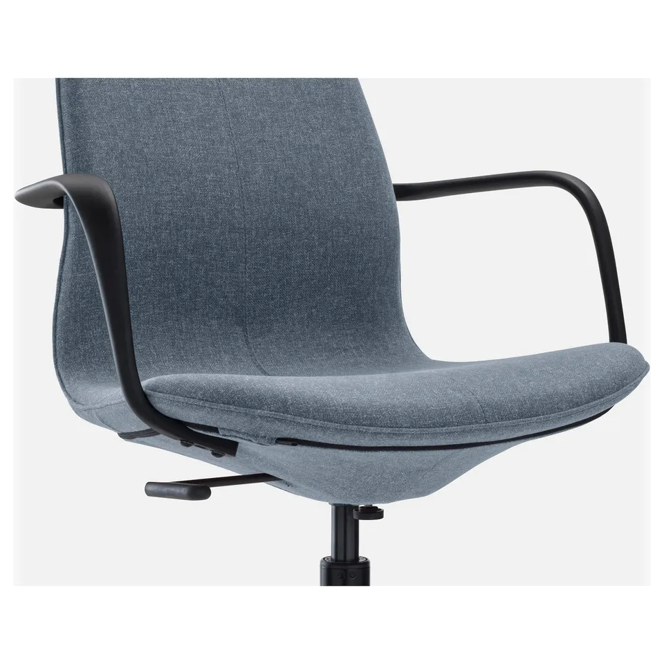 Grey office chair with black armrests and height-adjustable seat.