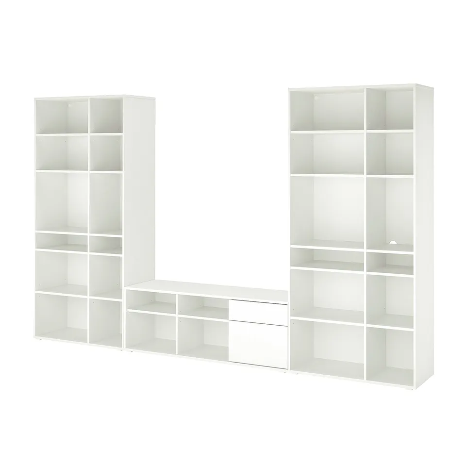 White VIHALS modular shelving unit and tv stand, sleek and modern, for organising and displaying items.