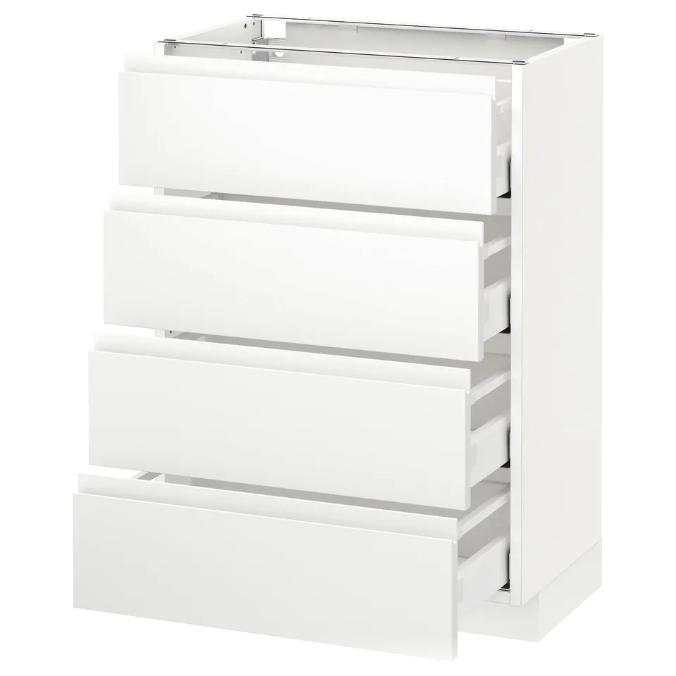 METOD white kitchen unit: four drawers, sleek white handles, modern minimalist design.