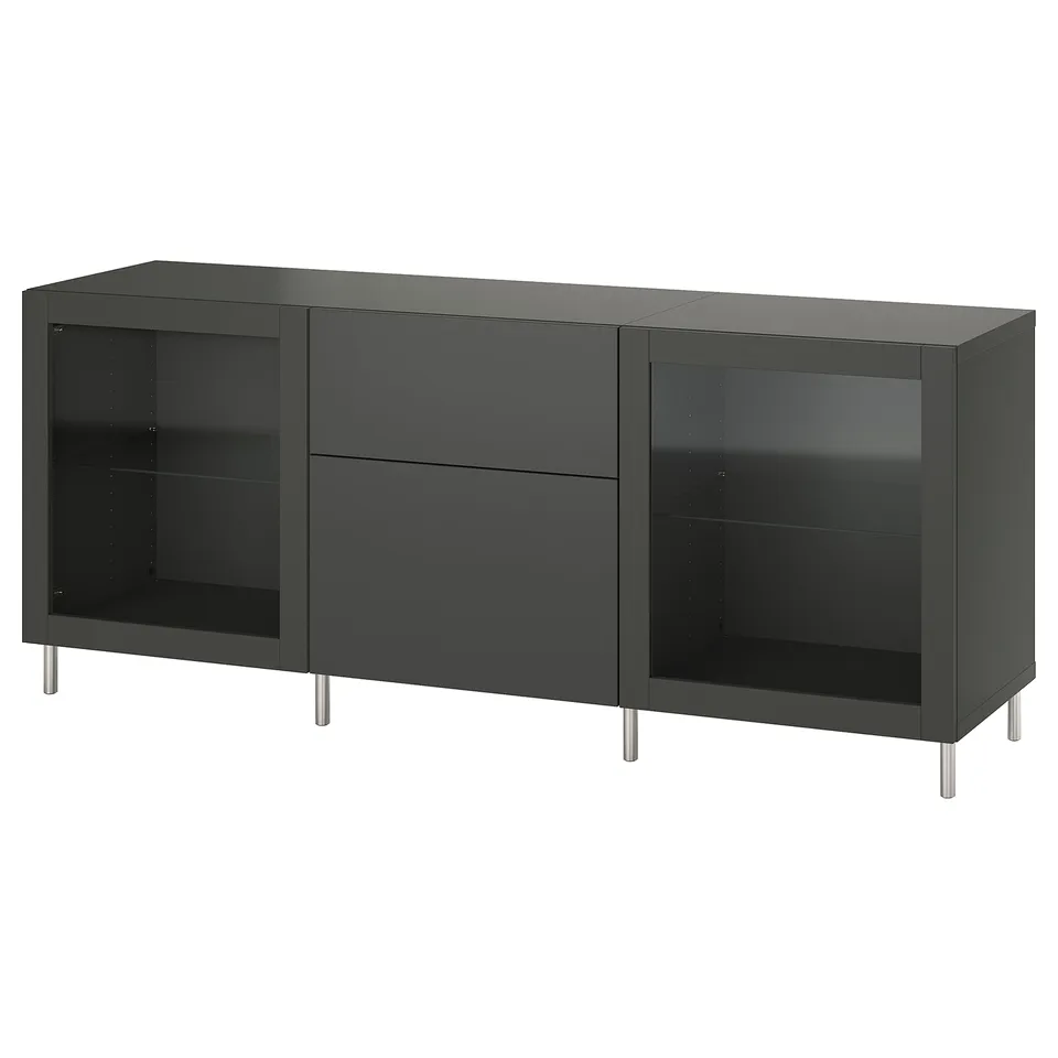 Modern black sideboard with glass doors & drawers, metal legs.