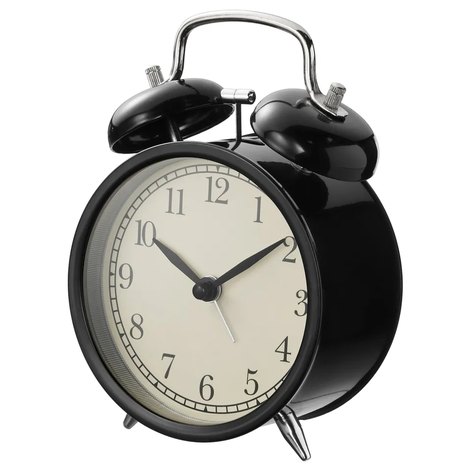Black silent quartz alarm clock with classic design, black body, white face, round shape, two bells, no ticking sounds.