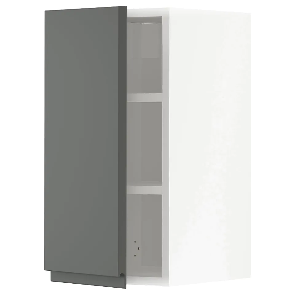 Grey kitchen cabinet with shelves, modern design.