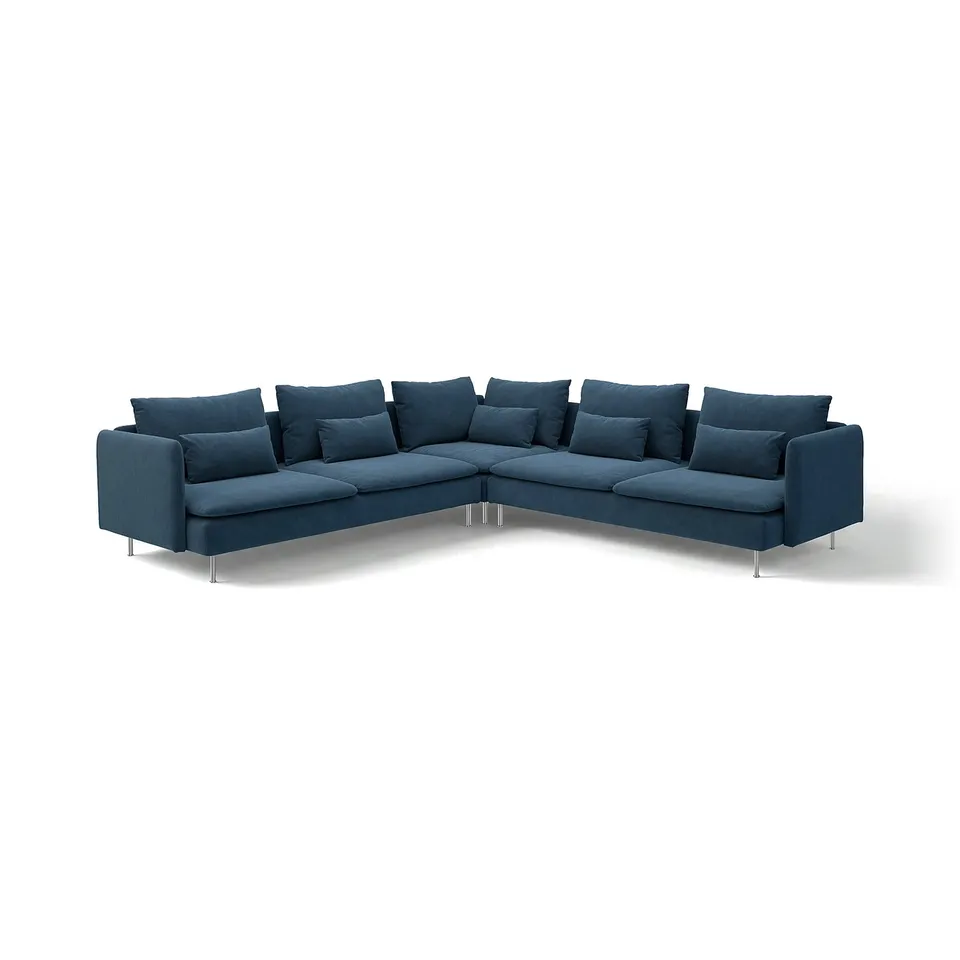 SÖDERHAMN blue corner sofa, modern deep seats, soft polyester cover, square-shaped cushions.