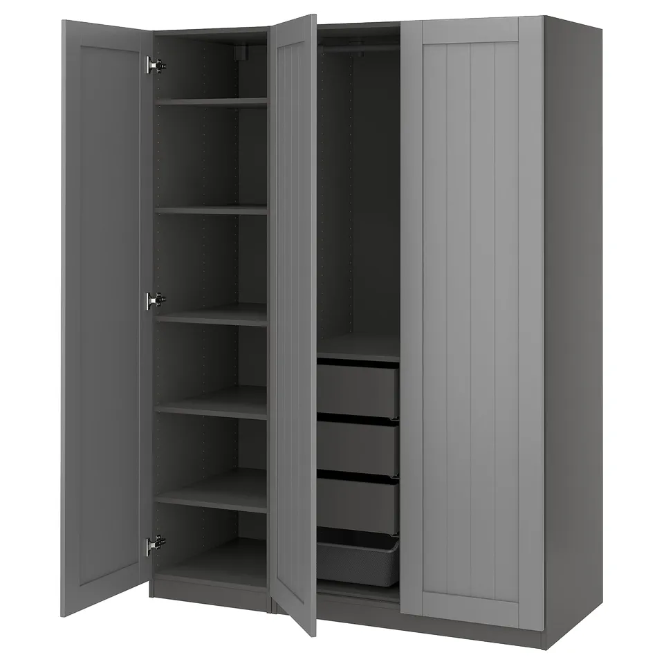 Grey PAX wardrobe with shelves & drawers, modern minimalist design.
