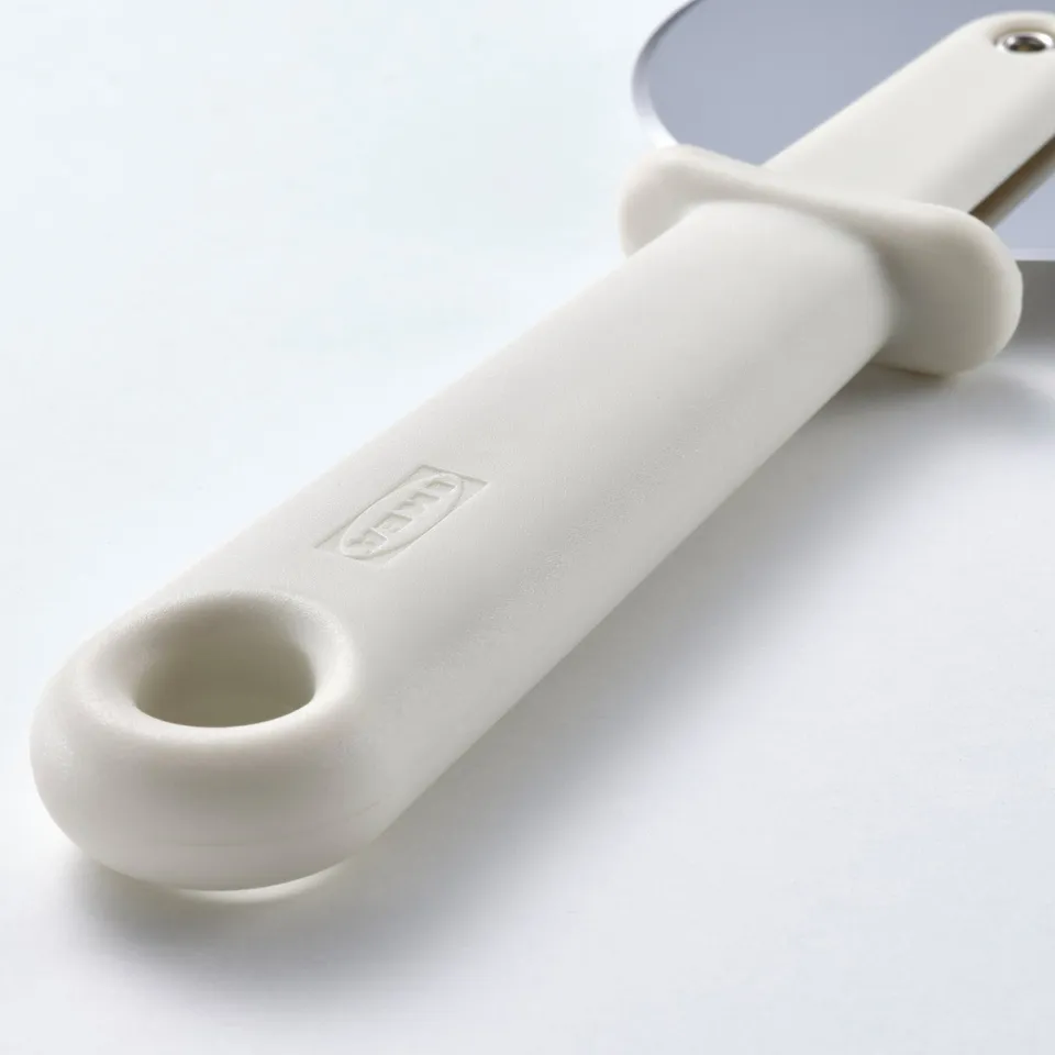 White plastic-handled pizza cutter; stainless steel blade.