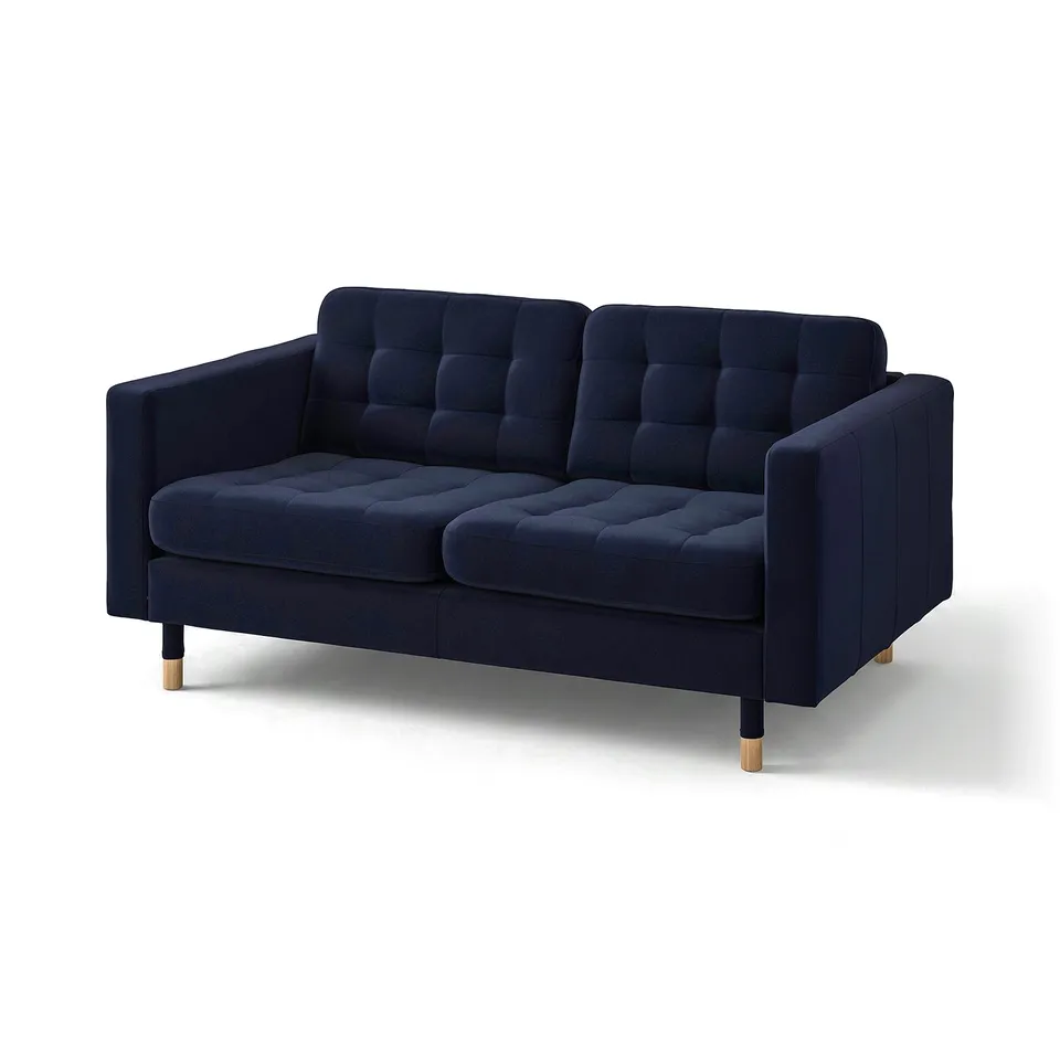 Blue velvet sofa, LANDSKRONA, with wooden legs, tufted back and seat, modern design.