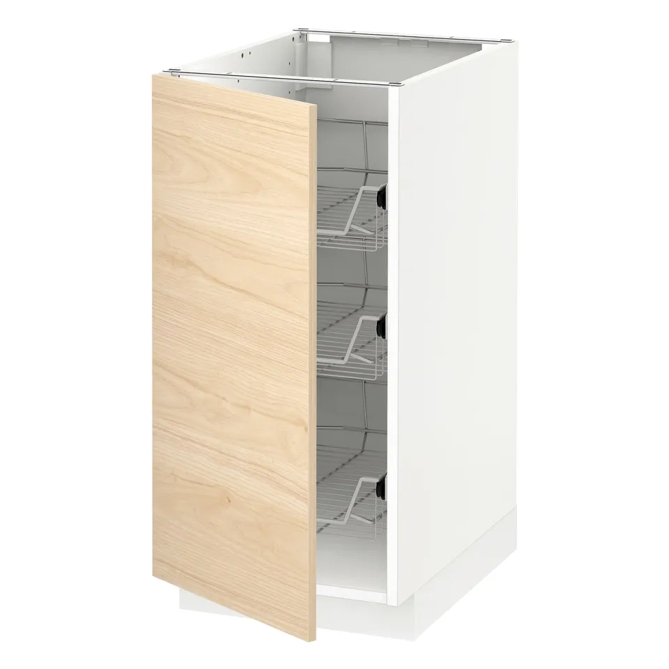White METOD cabinet with light wooden door, wire shelves.
