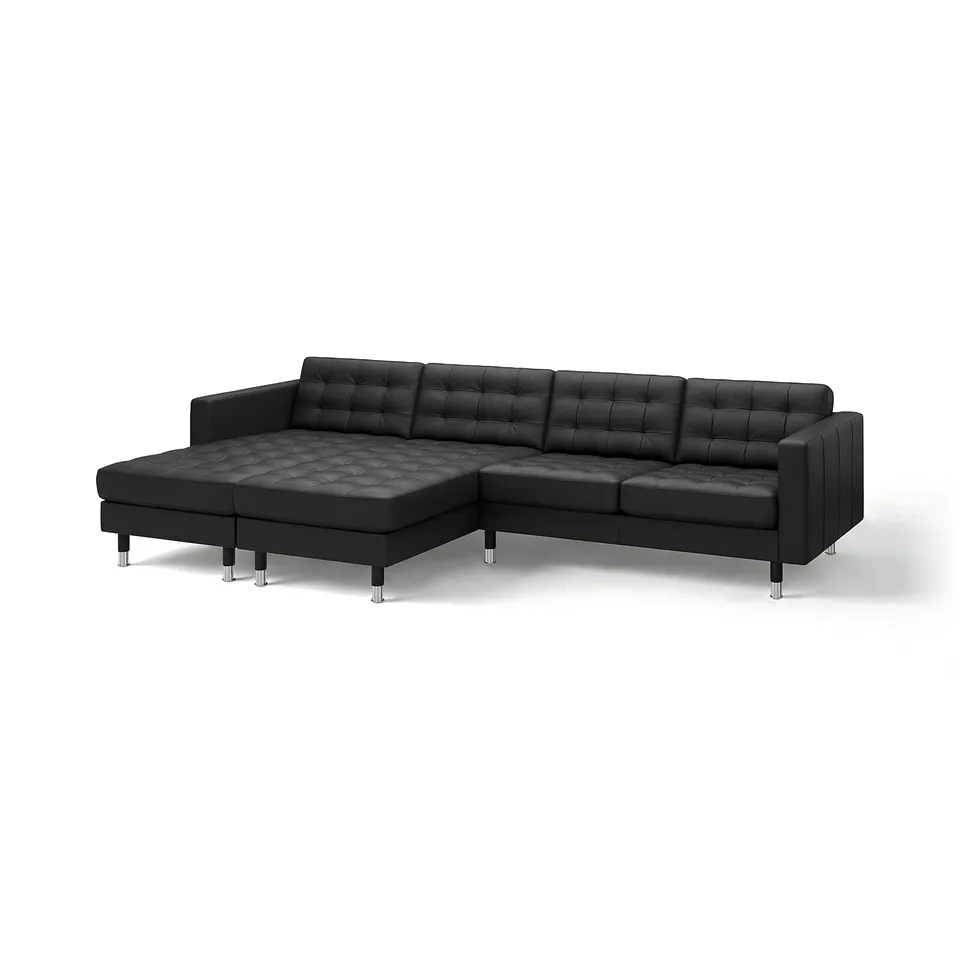A sleek, black l-shaped LANDSKRONA leather sofa with chrome legs, showcasing a modern and luxurious design.