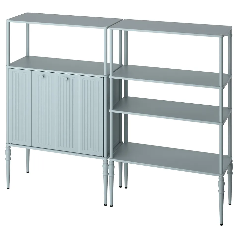 Grey SÅGMÄSTARE furniture set: cabinet & open shelves, metal, traditional style, rounded edges.