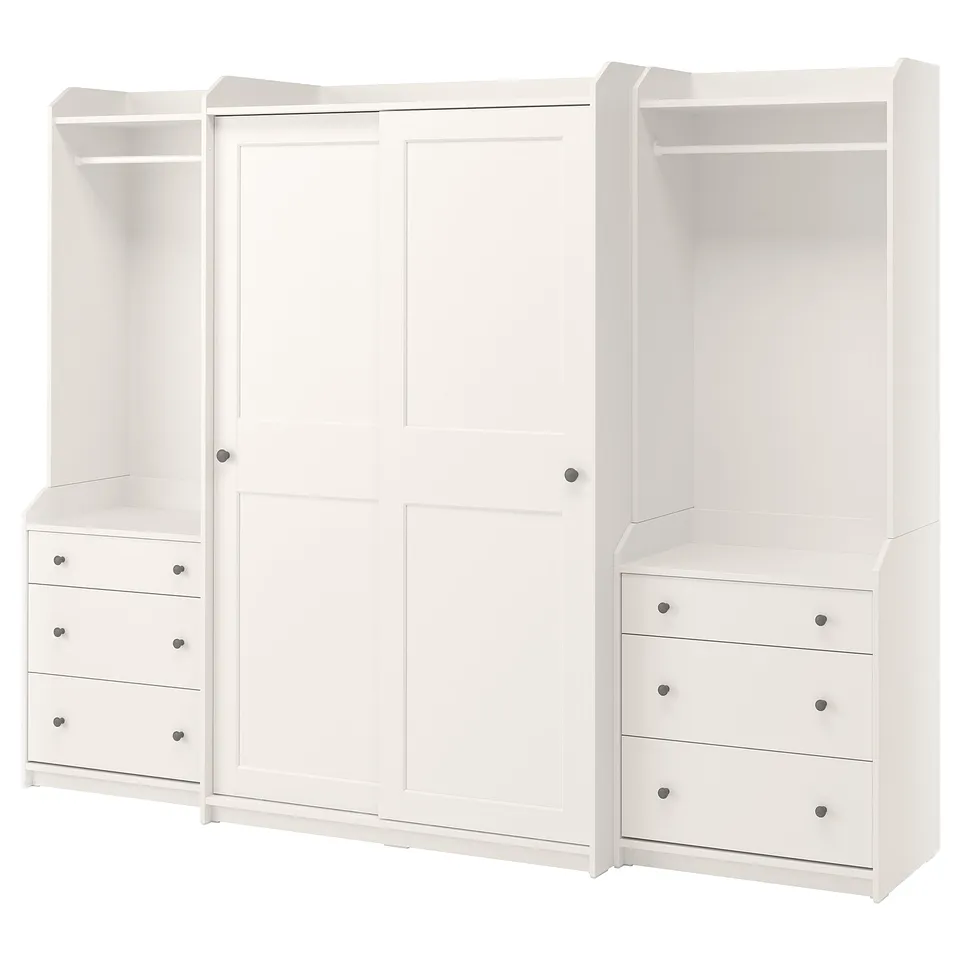 HAUGA white wardrobe with hanging and storage compartments, minimalist design.