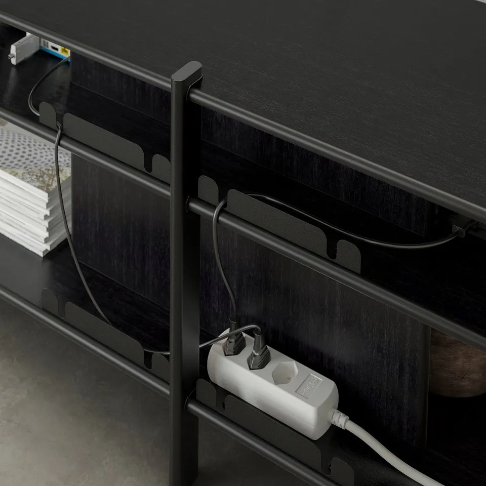 Black JÄTTESTA tv stand with bamboo shelves, metal legs, and hidden cable management.