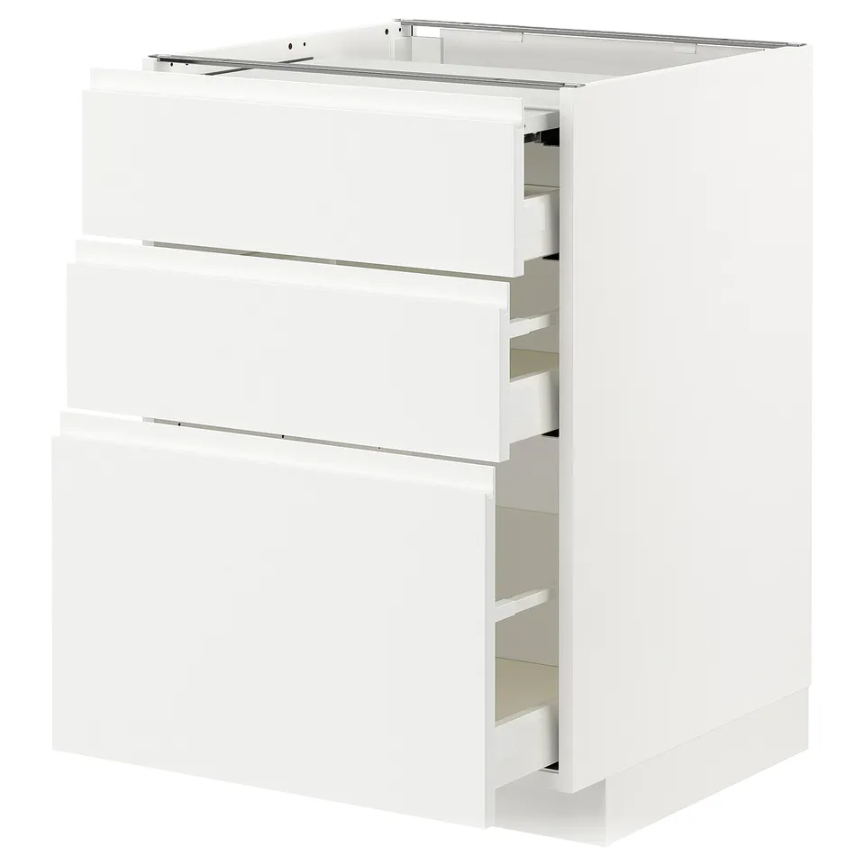 White METOD kitchen cabinet with three drawers and pull-out work surface, sleek minimalist design.