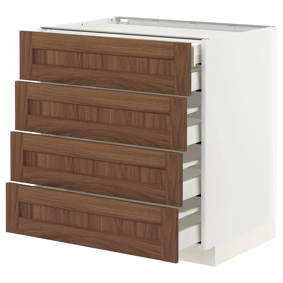 Modern kitchen unit, white and brown wooden drawers, sleek design, four fully extendable drawers with soft-close feature.