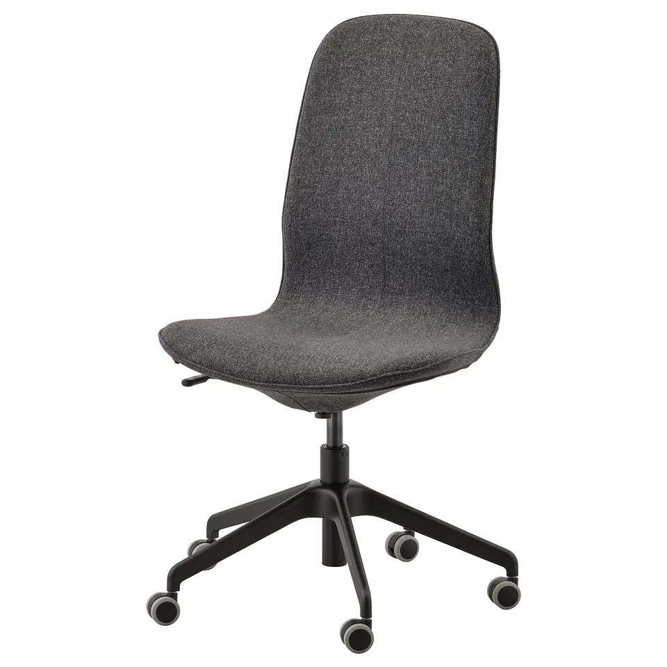 A LÅNGFJÄLL black office chair with a fabric seat and back, five wheels, and a height-adjustable mechanism.