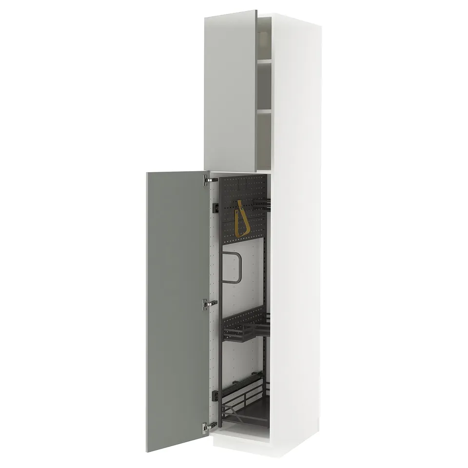 White and grey kitchen cabinet with open door revealing organised interior.