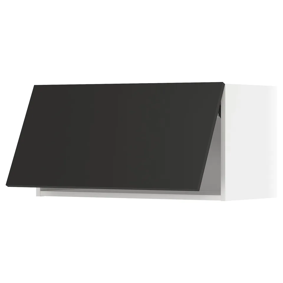 Black modern kitchen cabinet, sleek design, rectangular shape.
