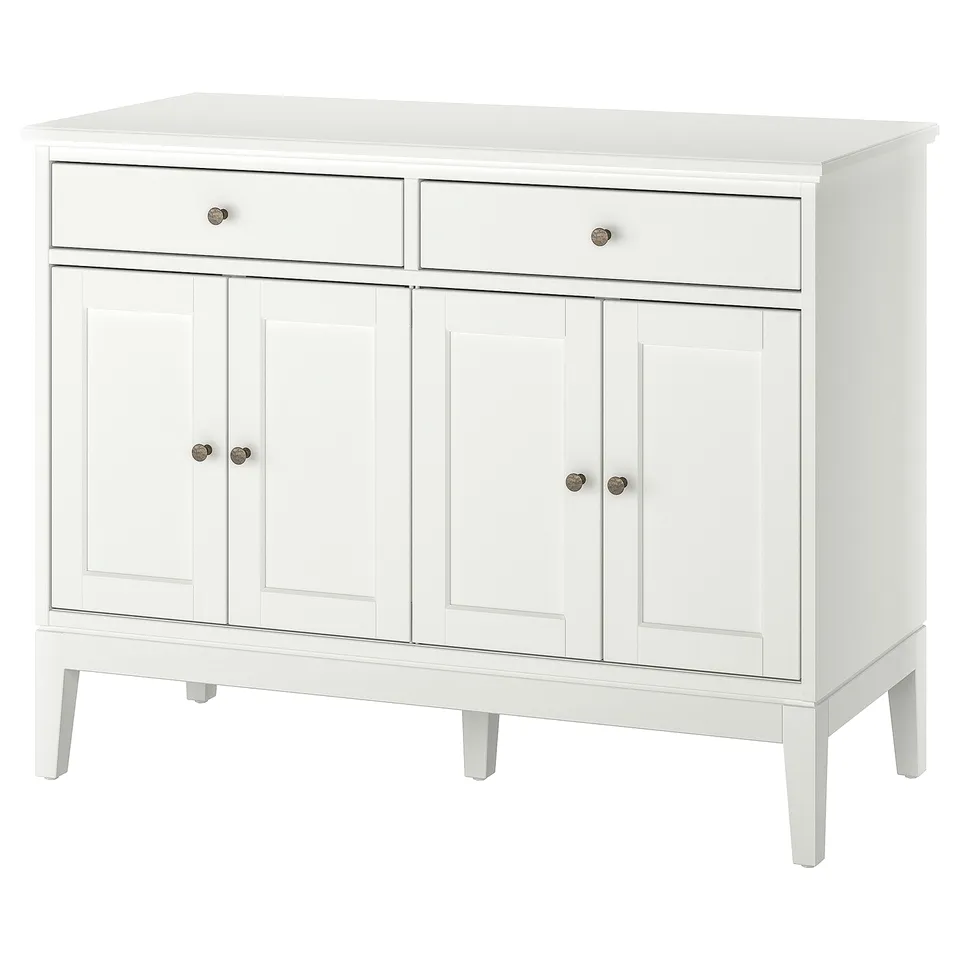 White IDANÄS sideboard, rectangular, four doors, two drawers, clean modern design.