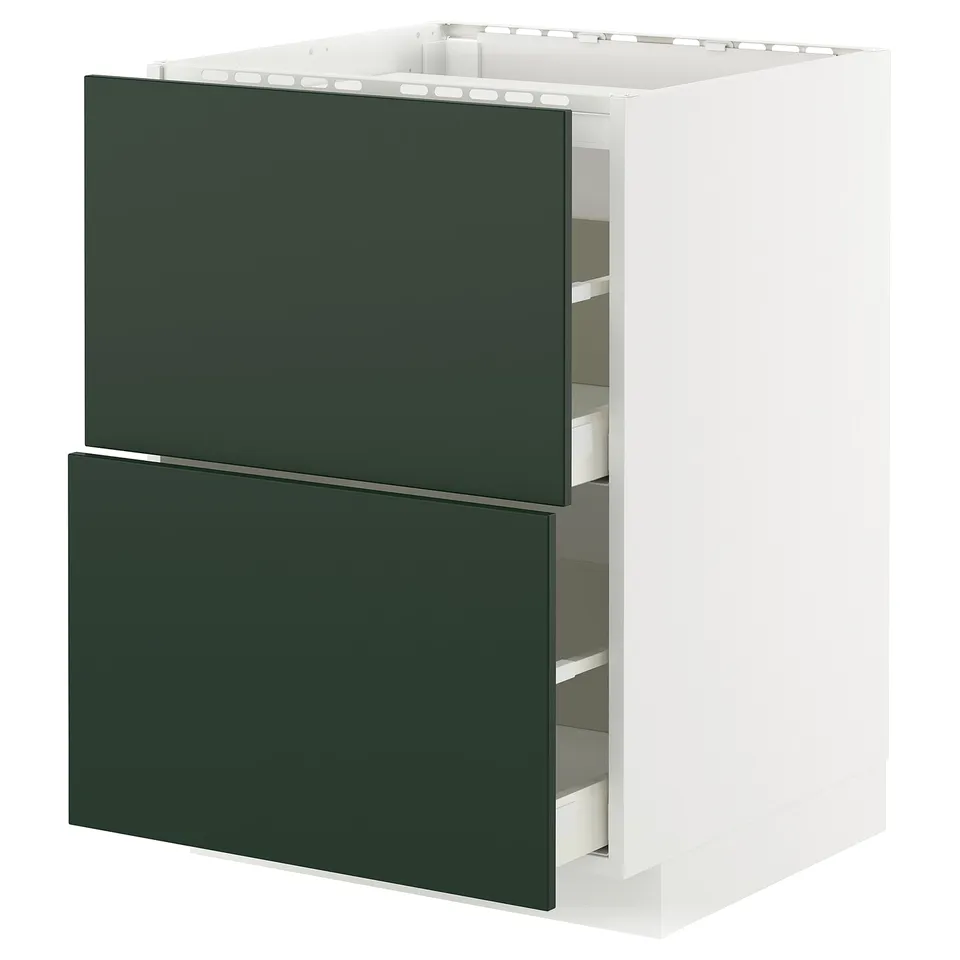 Modern kitchen cabinet with dark green drawers, white frame, two drawers, sleek design.