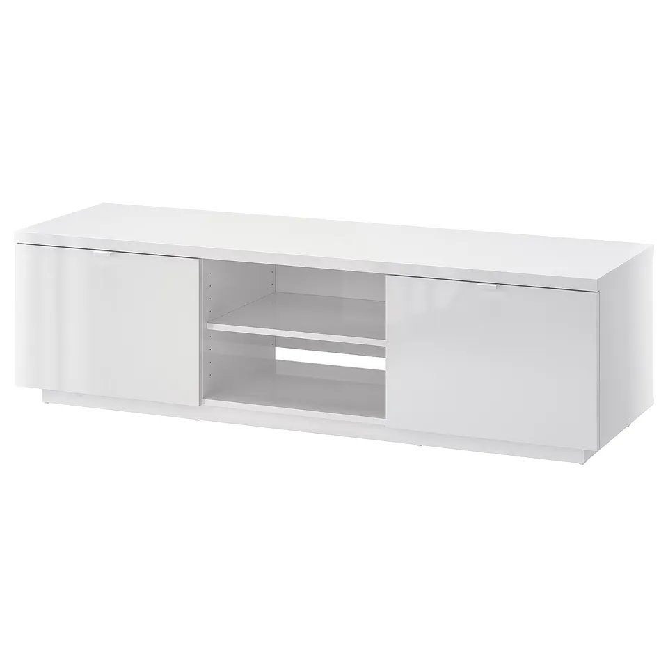 White BYÅS tv stand with open/closed storage, glossy finish, adjustable shelves.