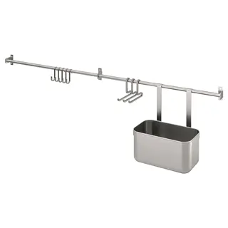 KUNGSFORS rails with hooks and container, stainless steel, 112 cm