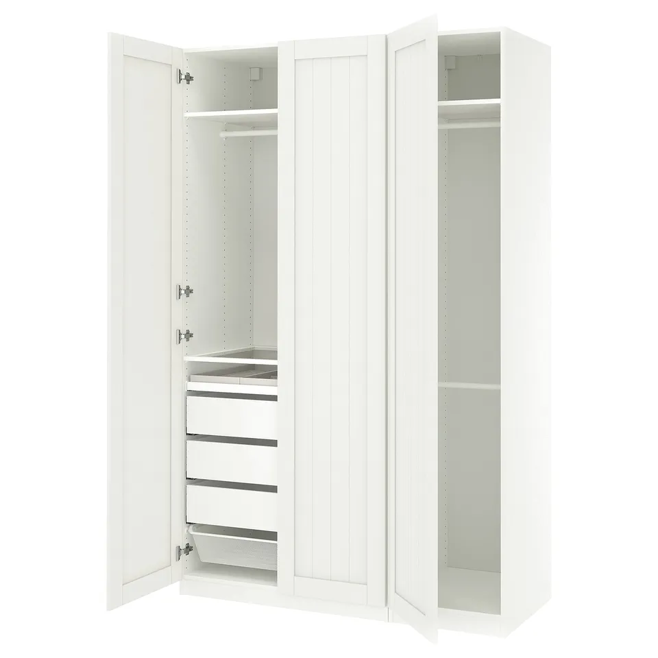 A white ikea PAX wardrobe with open doors revealing shelves and drawers.