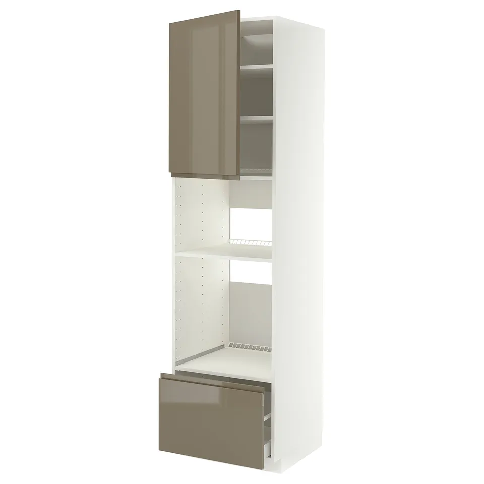 Modern white kitchen cabinet, high gloss brown doors, left-side door and bottom drawer.