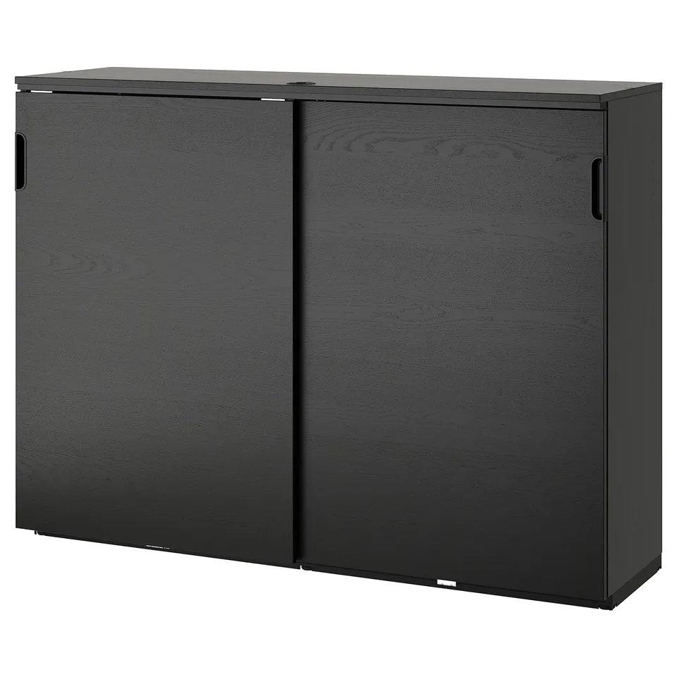 Black GALANT office storage cabinet with 2 sliding doors, lock, adjustable shelves.